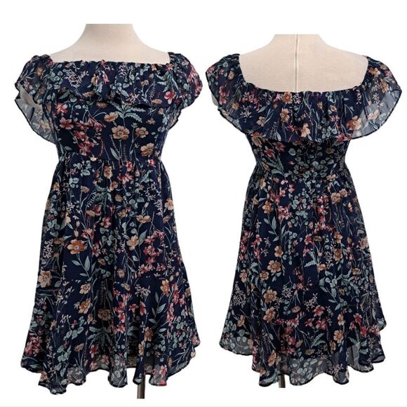 Lulu's Floral Print My Favorite Off The Shoulder Dress Navy Blue Small NWT - Picture 6 of 14